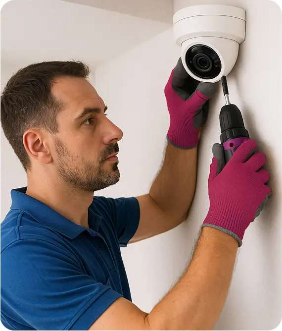 Technician installing security camera